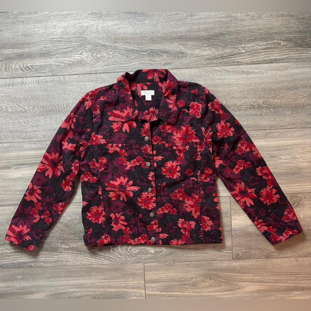 Christopher & Banks Red Black Floral Button Up Long Sleeve Shirt Jacket Large